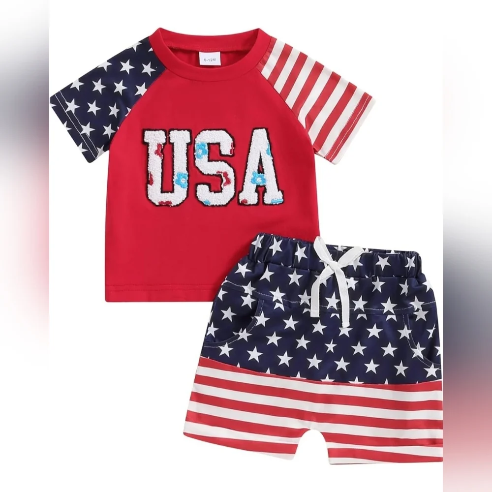 Baby Girl Patriotic USA Outfit Set Stars Stripes Red White Blue‎ 9-12 Months NWT